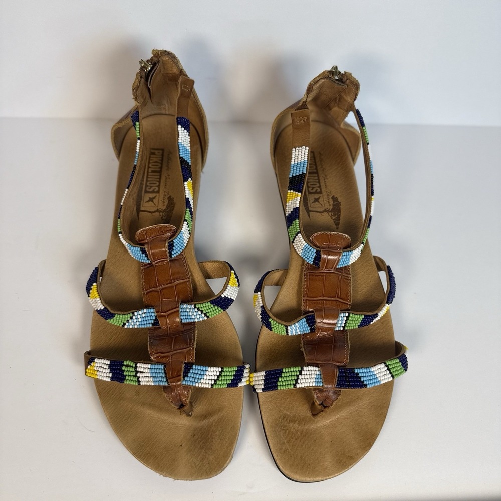 PIKOLINOS 39 / 8.5-9 Alcudias Maasai Hand Beaded Back Zip Leather Flat Sandals - Picture 3 of 12